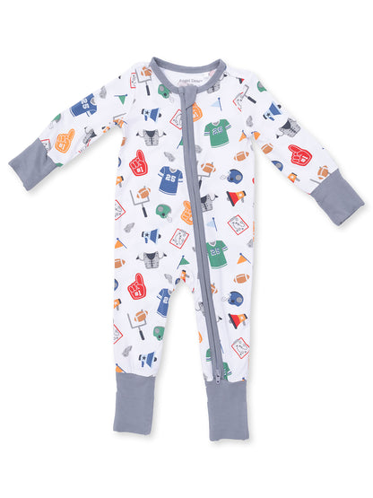 Children's sports-themed pajama suit featuring various sports icons and a front zipper closure.
