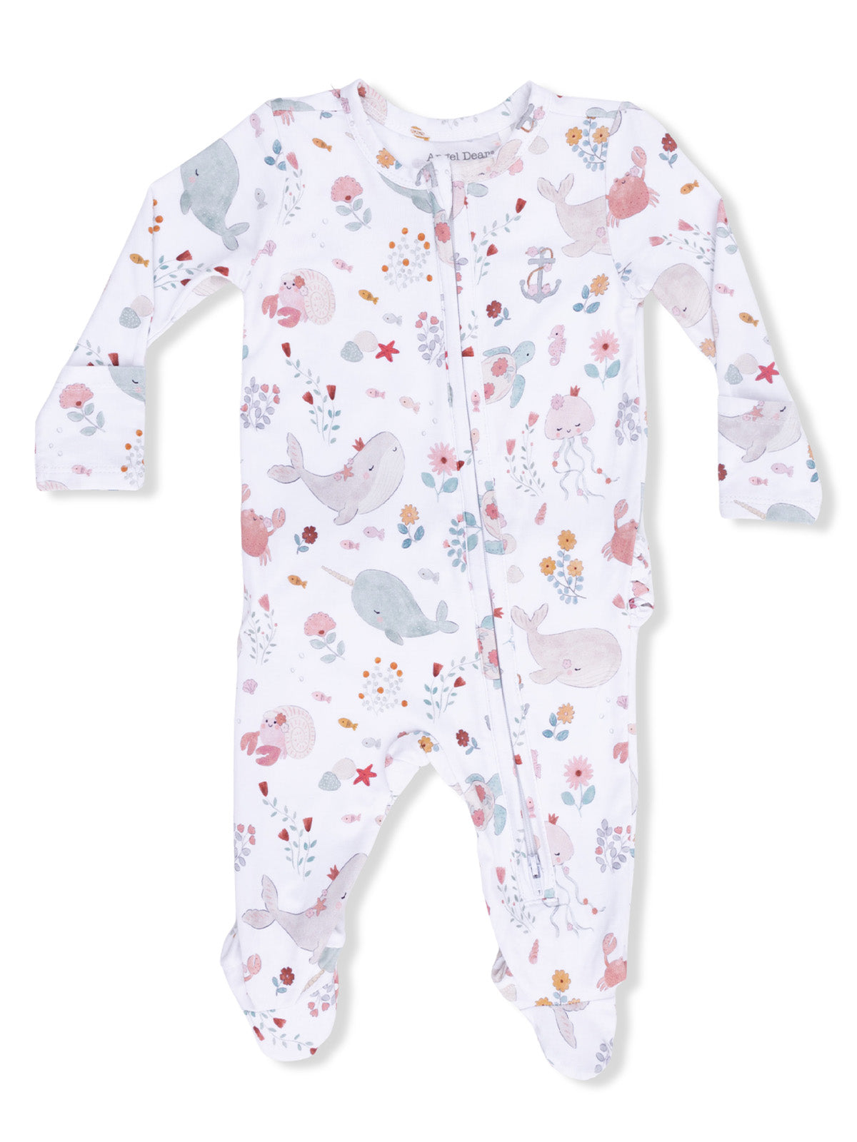 Baby onesie with colorful marine animal prints and floral designs, featuring a front zipper closure.
