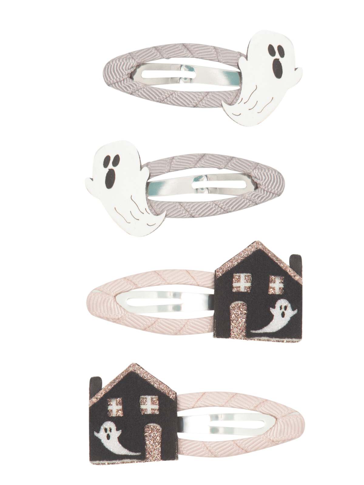 Set of four Halloween-themed hair clips featuring ghosts and a house design.