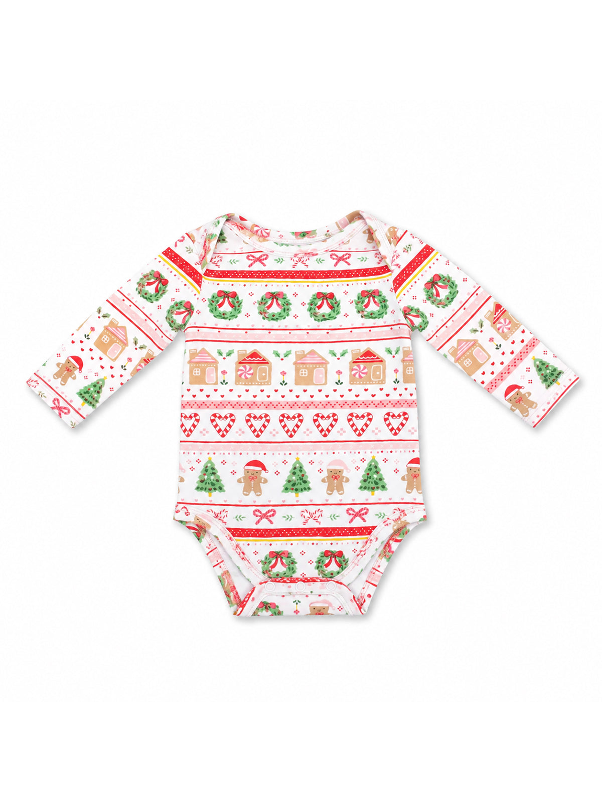 Baby onesie with festive Christmas patterns including gingerbread, trees, wreaths, and candy canes.