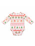 Baby onesie with festive Christmas patterns including gingerbread, trees, wreaths, and candy canes.