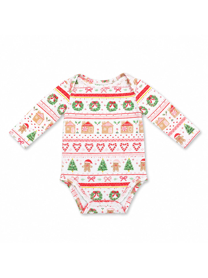 Baby onesie with festive Christmas patterns including gingerbread, trees, wreaths, and candy canes.