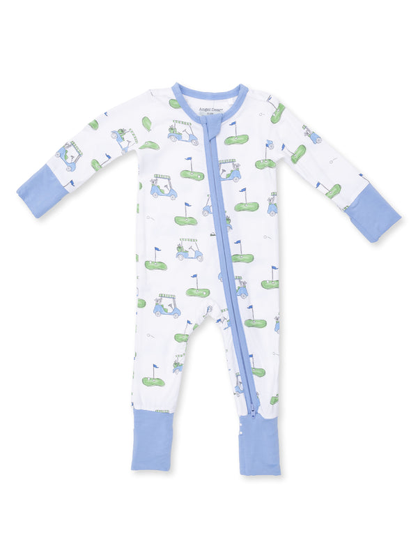 Children's golf-themed pajama onesie featuring blue accents and playful designs of golf carts and greens.