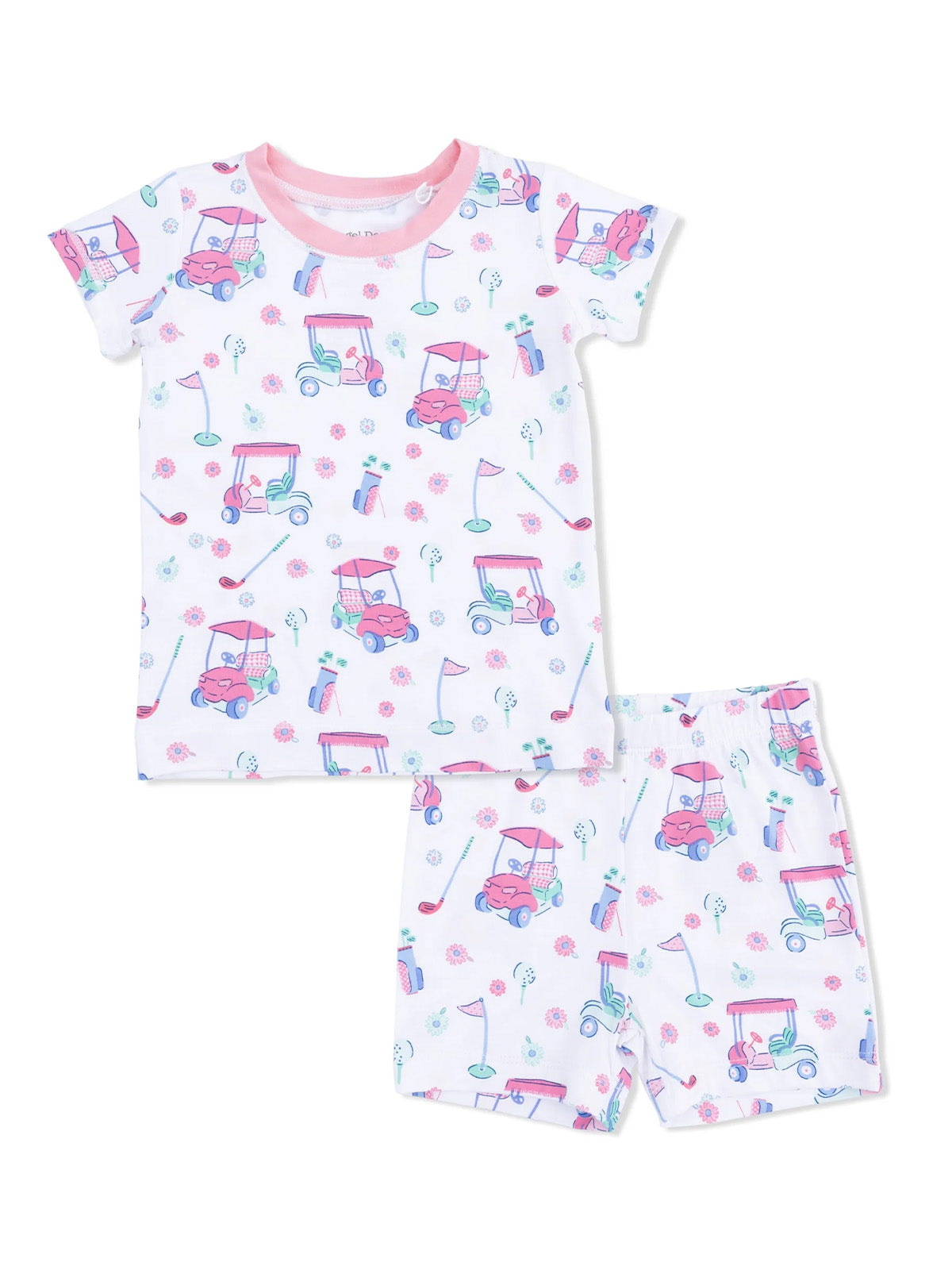 Kids' golf-themed pajama set featuring a short-sleeve shirt and shorts with colorful golf cart graphics.