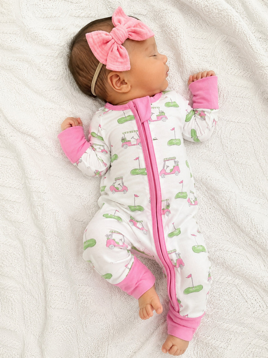 2-Way Zip Romper, Golf Carts Pink