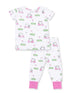 Kids' golf-themed pajamas featuring golf carts and greens in pink and green colors. Comfortable for sleepwear.