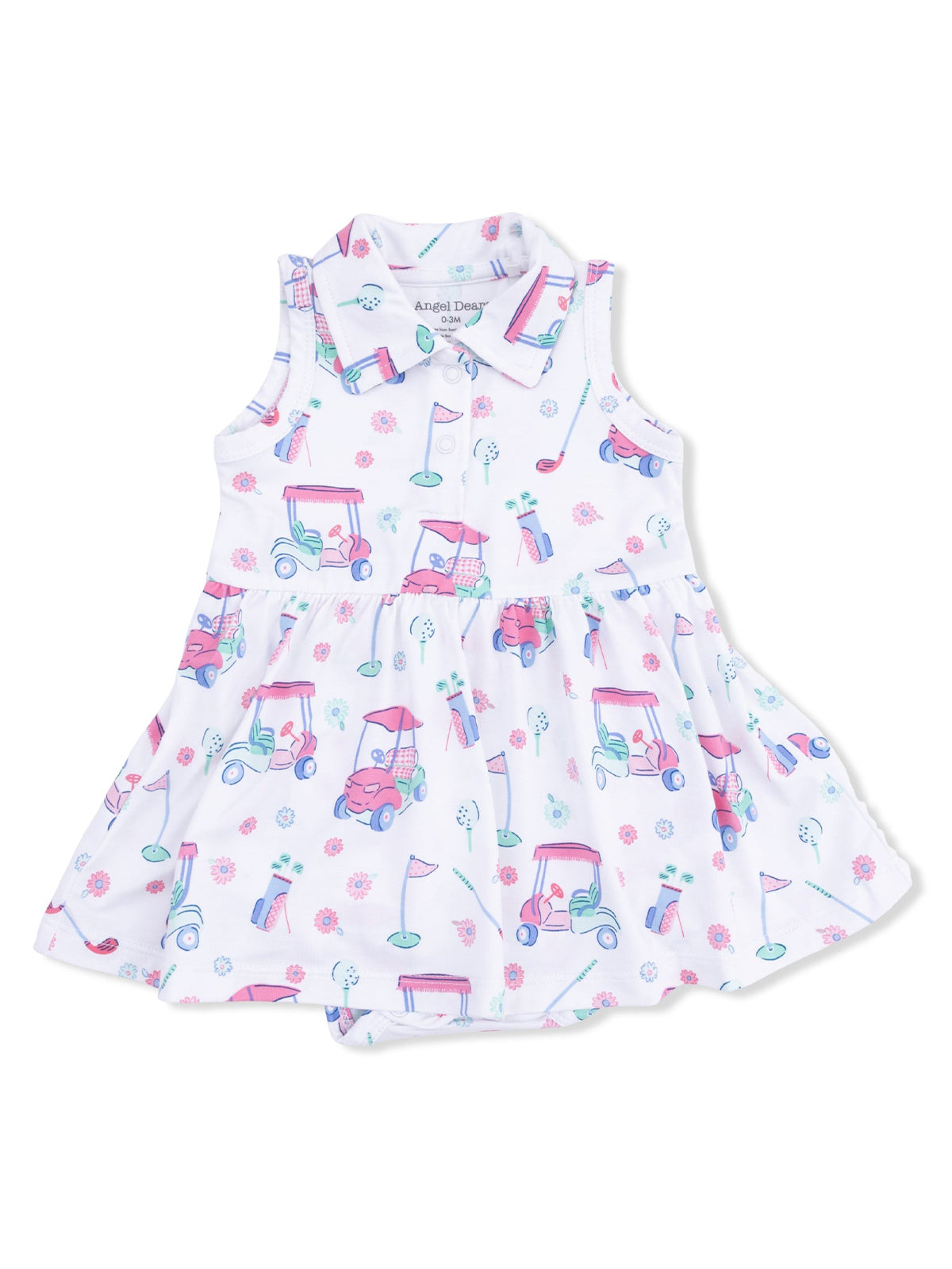 White dress with colorful golf cart and floral print, featuring a collar and a flared skirt design.