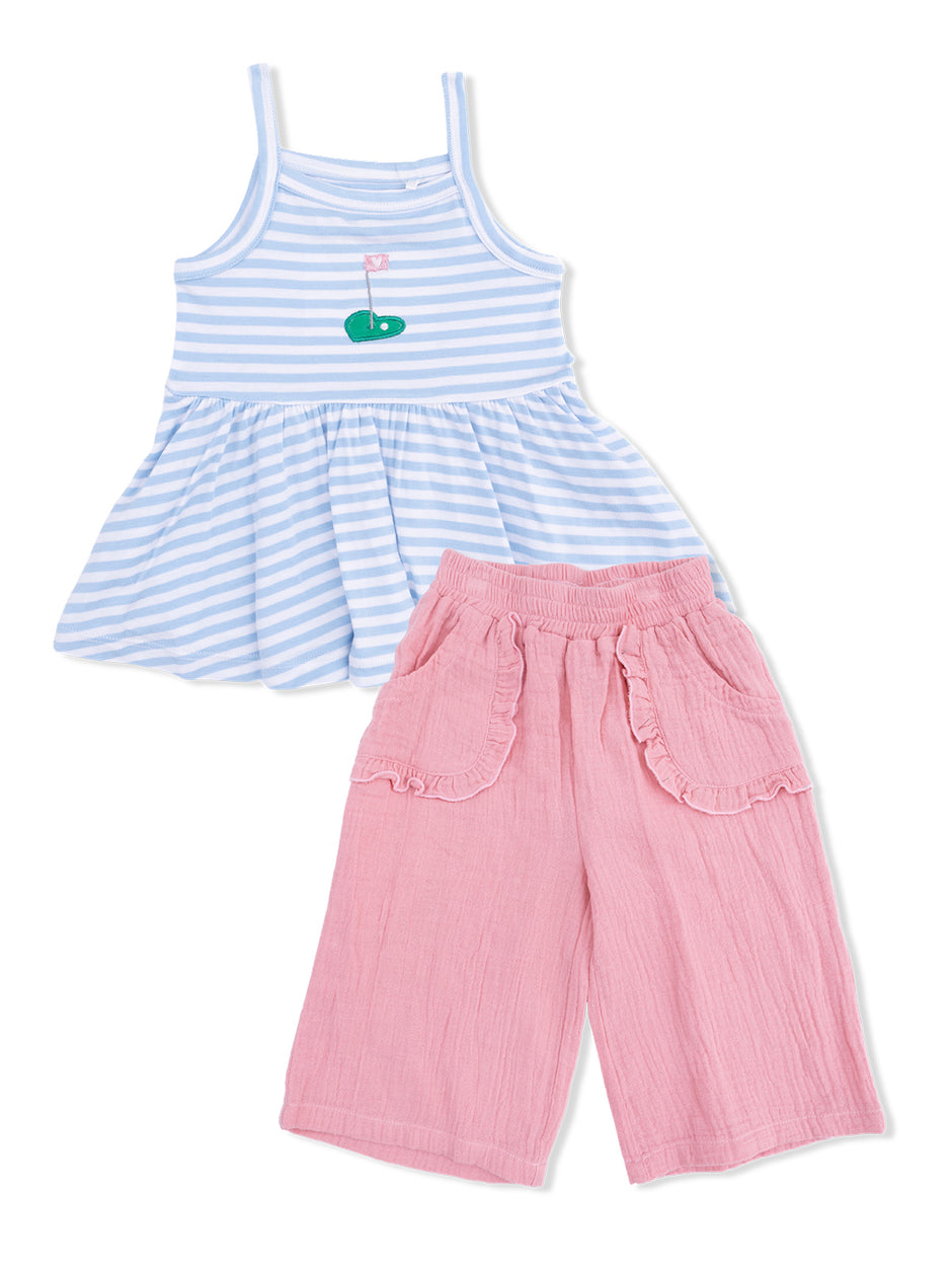 Girls' blue striped dress with a golf design and pink ruffled shorts, perfect for casual outings.