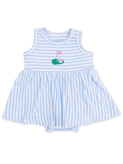 Blue and white striped baby dress with golf-themed embroidery on the front.