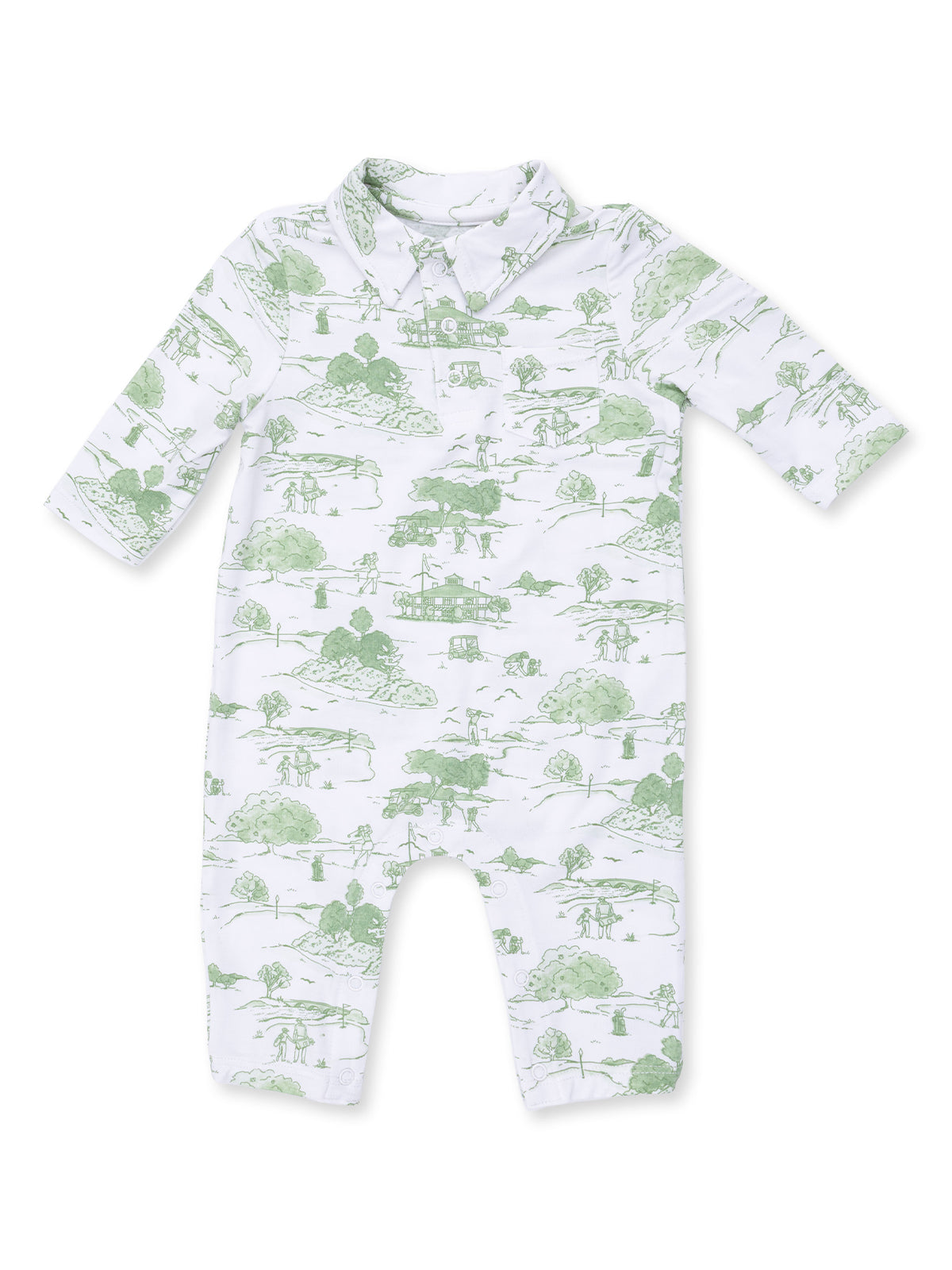 White baby romper with green nature-themed print featuring trees, houses, and people in a pastoral scene.