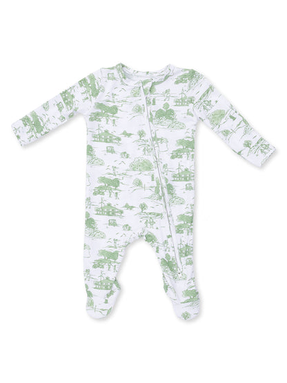 Green-patterned baby onesie with long sleeves and a front zipper on a white background.