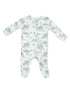 Green-patterned baby onesie with long sleeves and a front zipper on a white background.