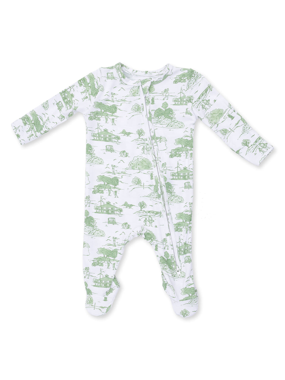 Green-patterned baby onesie with long sleeves and a front zipper on a white background.