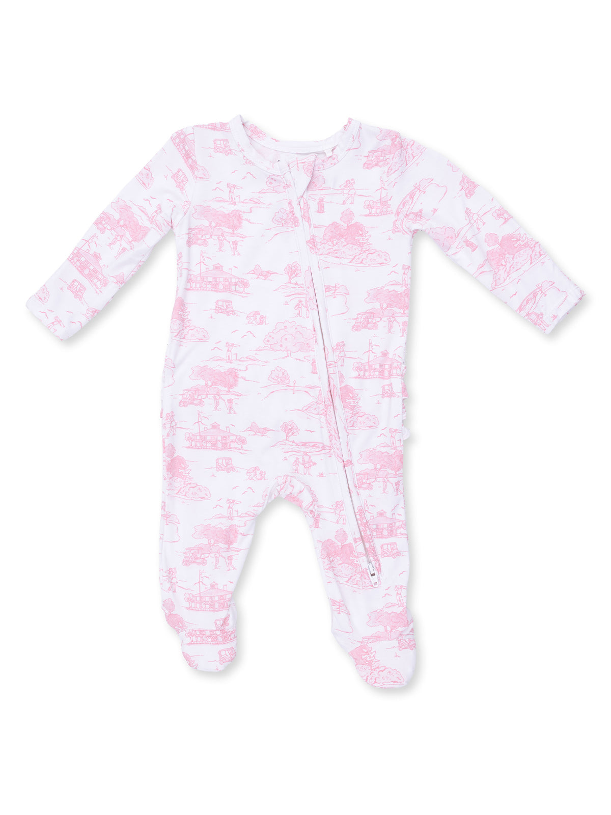 Pink patterned baby onesie featuring playful illustrations and a front zipper. Ideal for comfort and easy dressing.