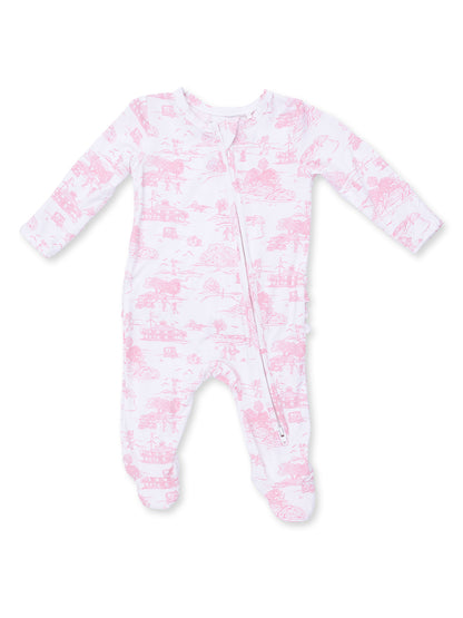 Pink patterned baby onesie featuring playful illustrations and a front zipper. Ideal for comfort and easy dressing.