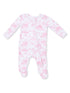Pink patterned baby onesie featuring playful illustrations and a front zipper. Ideal for comfort and easy dressing.