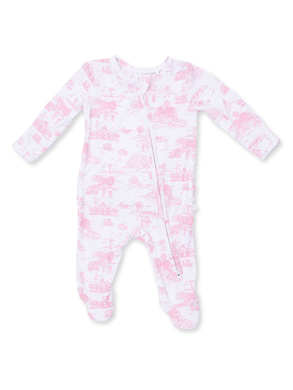 Pink patterned baby onesie featuring playful illustrations and a front zipper. Ideal for comfort and easy dressing.