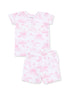 Children's pink and white short pajama set featuring a playful landscape pattern.