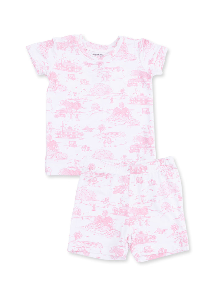 Children's pink and white short pajama set featuring a playful landscape pattern.