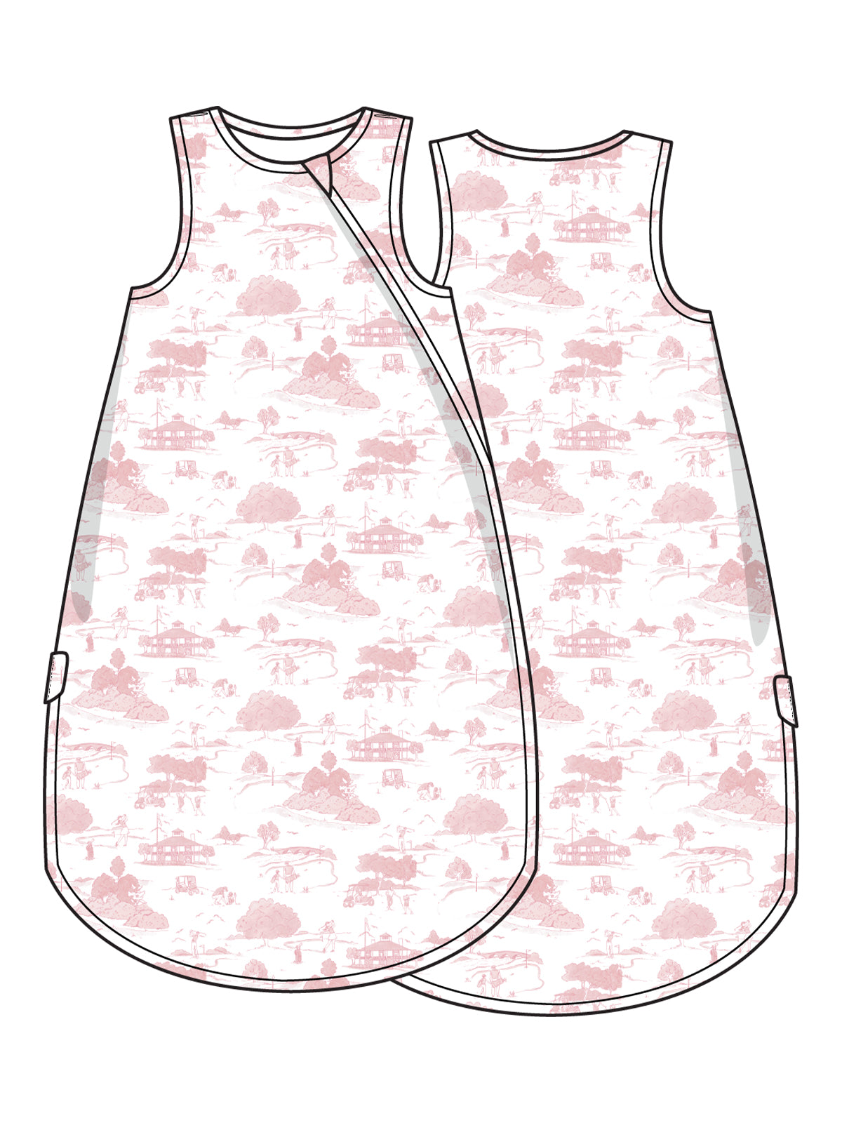 Illustration of a sleeveless baby sleep sack featuring a pastel pink countryside landscape design.