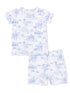 Children's short-sleeve pajama set featuring a light blue outdoor scene print on a white background.
