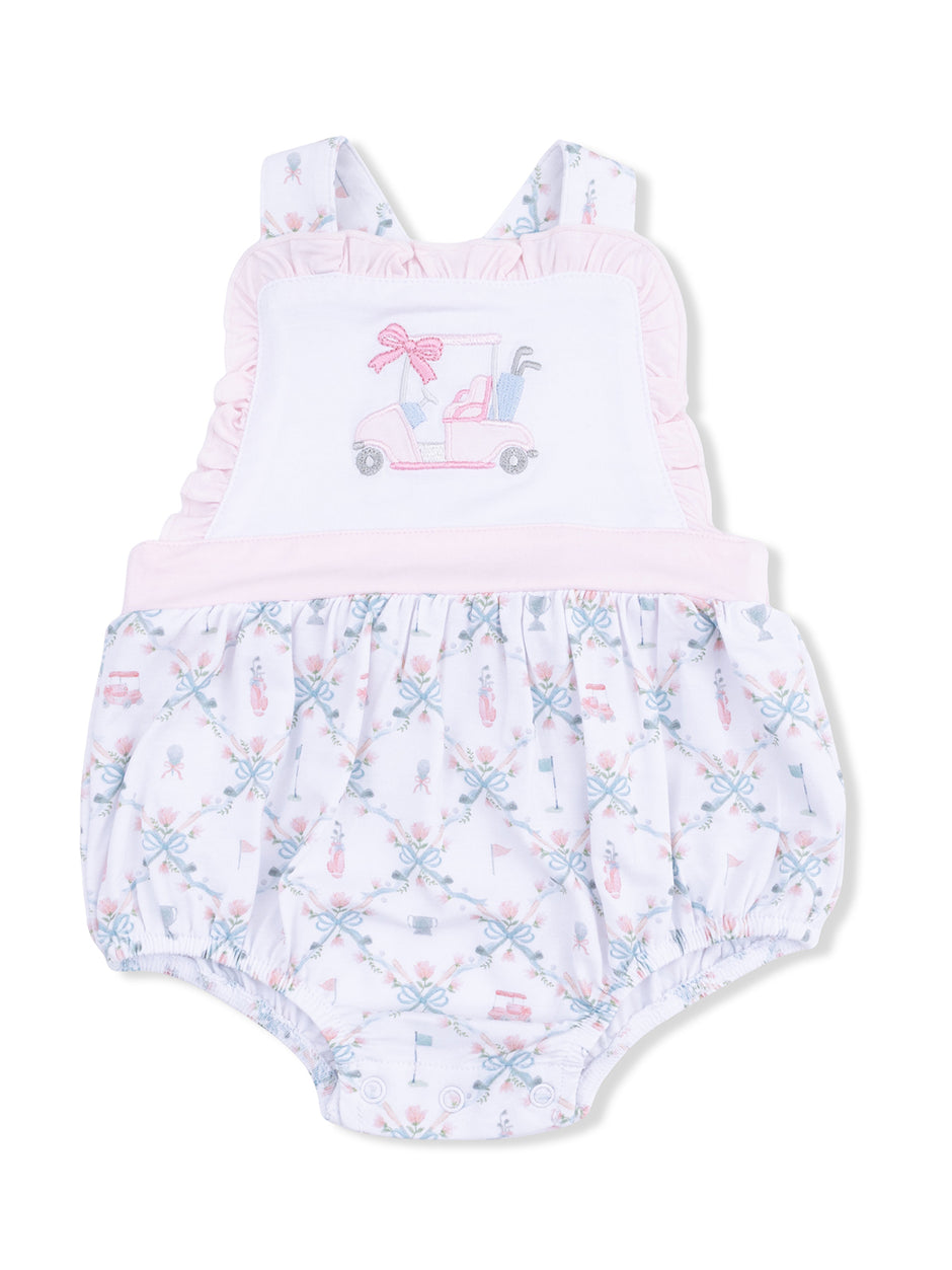Pink and white infant romper with golf cart embroidery and floral patterns, perfect for spring outings.