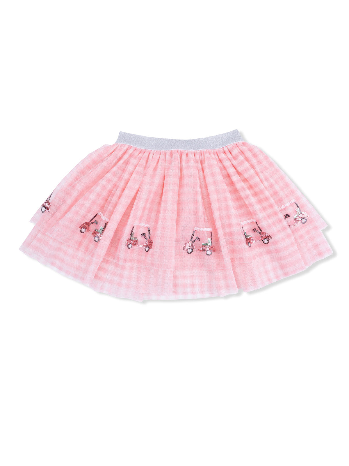 Pink toddler skirt with playful embroidered bicycles and a comfortable elastic waistband.