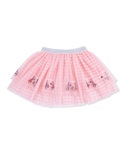 Pink toddler skirt with playful embroidered bicycles and a comfortable elastic waistband.