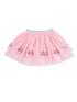 Pink toddler skirt with playful embroidered bicycles and a comfortable elastic waistband.