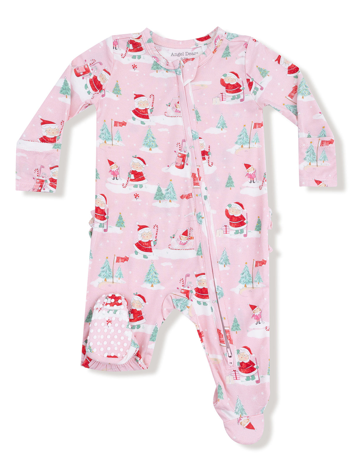 Pink holiday pajamas with Santa and trees, featuring a front zipper and footed design for infants.