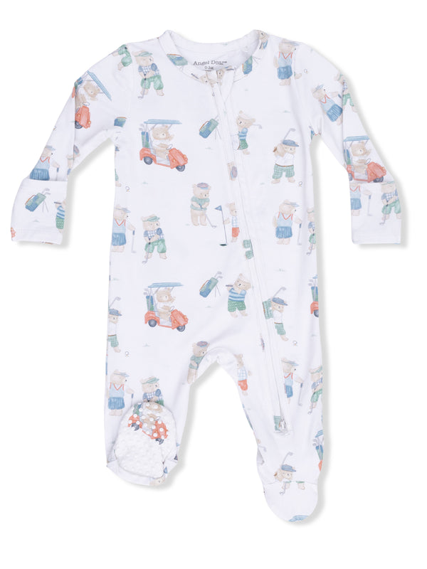 White baby onesie featuring colorful cartoon bears playing golf. Zipper front and textured feet for grip.