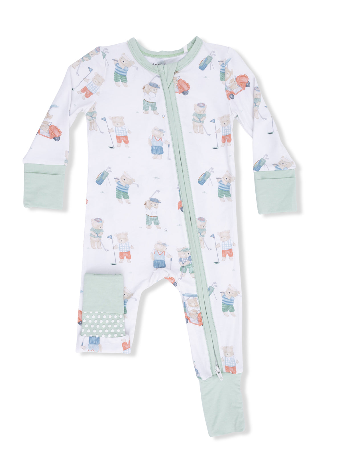 Children's pajama suit featuring playful bear designs, greenery accents, and a front zipper for easy dressing.