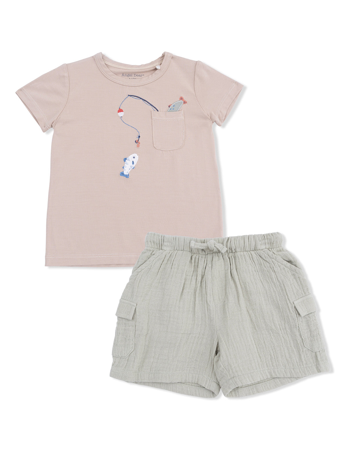 Light pink t-shirt with pocket and fishing print, paired with gray linen shorts.
