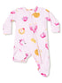 Light pink infant onesie decorated with fun food and animal illustrations, featuring a front zipper for easy dressing.