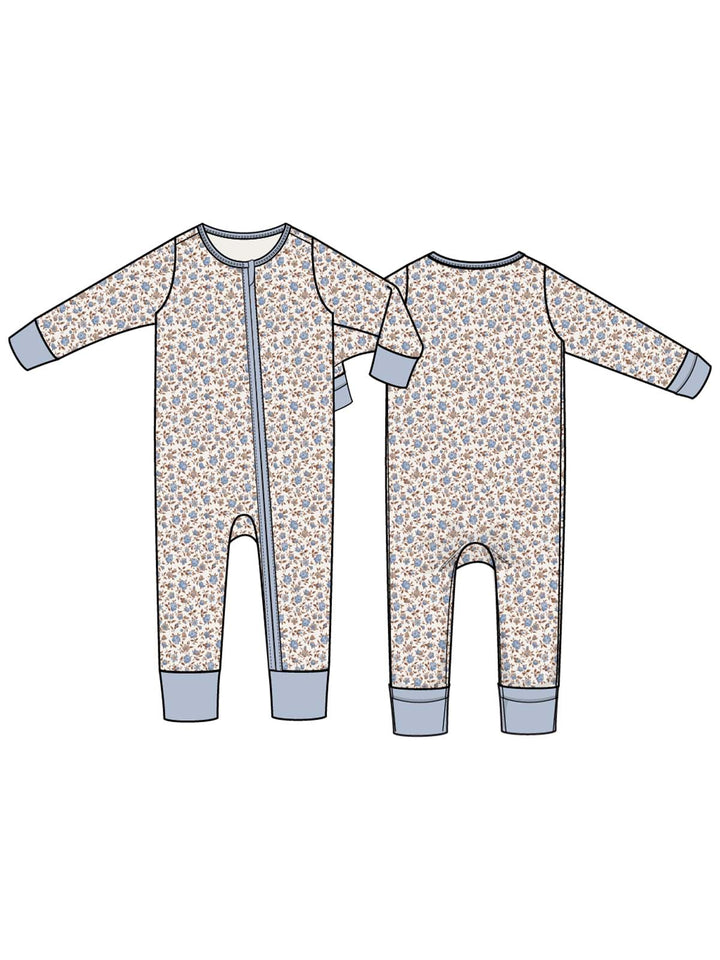 Baby onesie design with floral print and long sleeves, featuring a front zipper and contrasting cuffs.