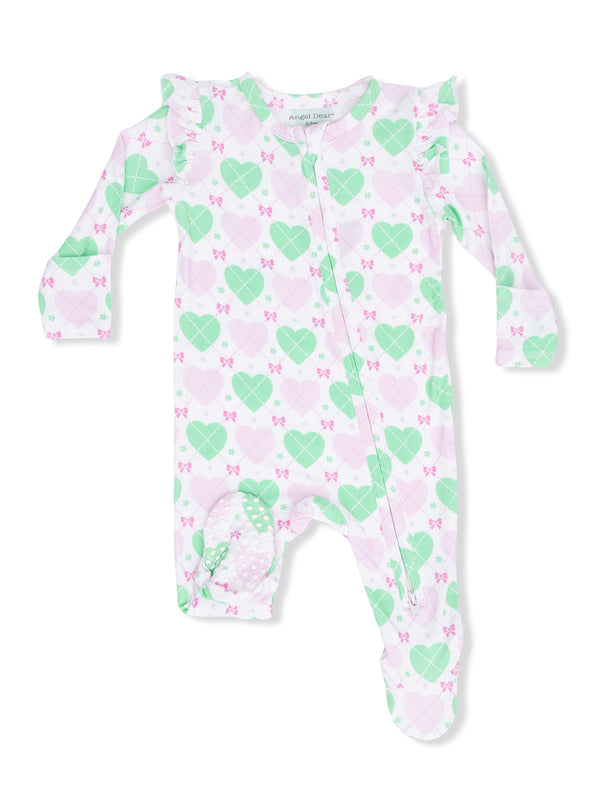 Baby onesie with pink and green heart pattern and ruffles, featuring footed design and a front zipper.