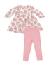 Floral toddler dress with pink leggings, featuring ruffled details and a playful, feminine design.