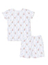 Floral-patterned children's pajama set, featuring a short-sleeve top and elastic waistband shorts.