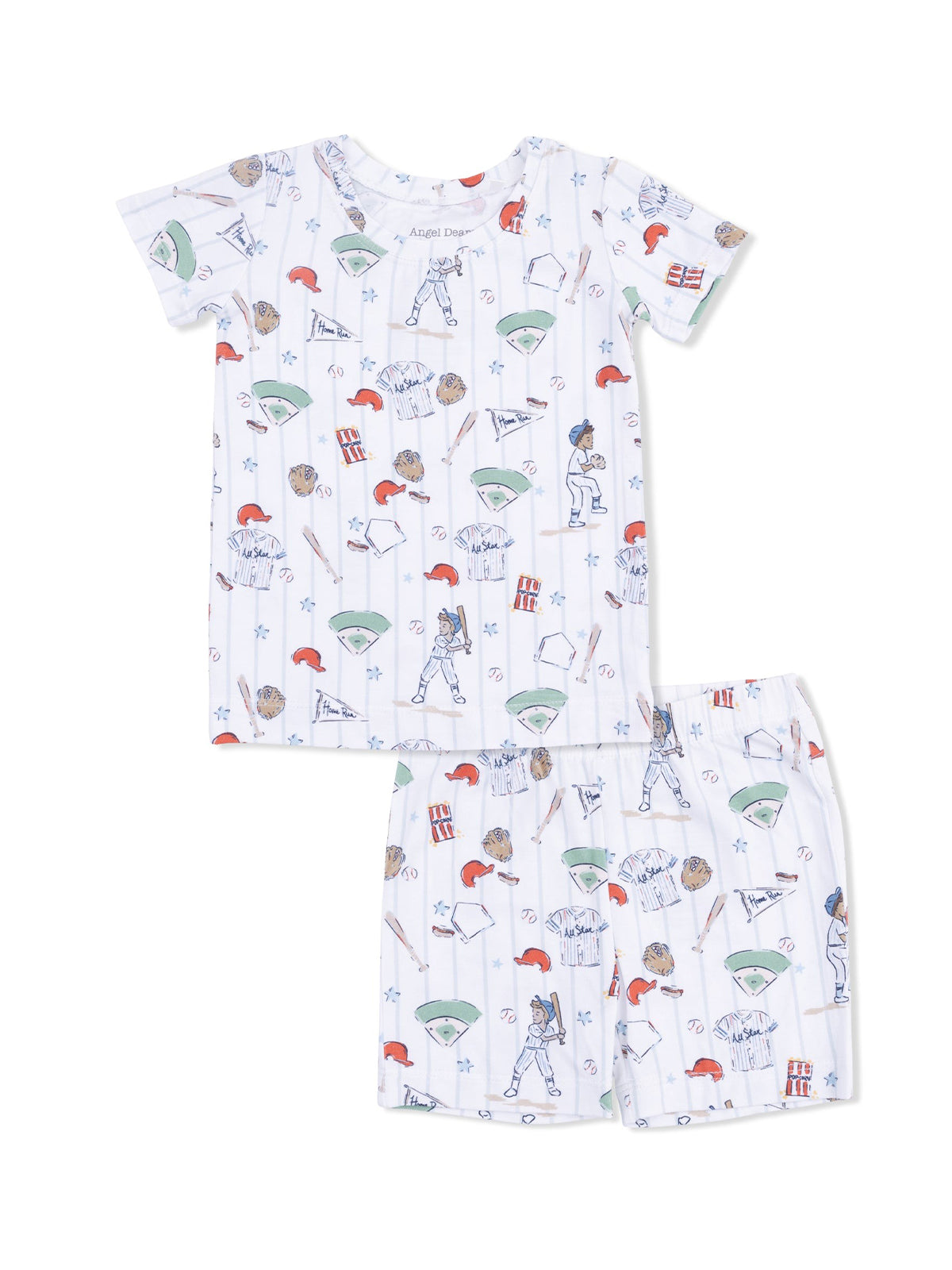 Kids' baseball-themed pajama set featuring short sleeves and shorts with playful graphics of sports equipment.