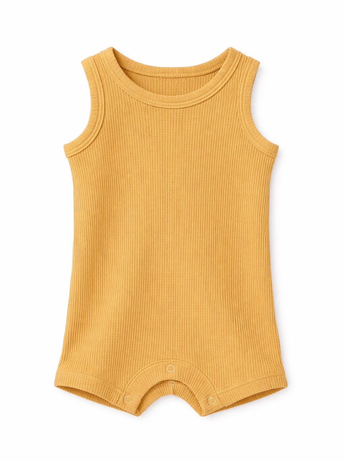 Mustard yellow baby romper with ribbed texture and snap closures at the bottom. Ideal for warm weather wear.