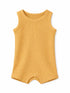 Mustard yellow baby romper with ribbed texture and snap closures at the bottom. Ideal for warm weather wear.
