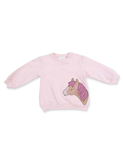Pink sweatshirt featuring a horse graphic with purple mane, designed for children.