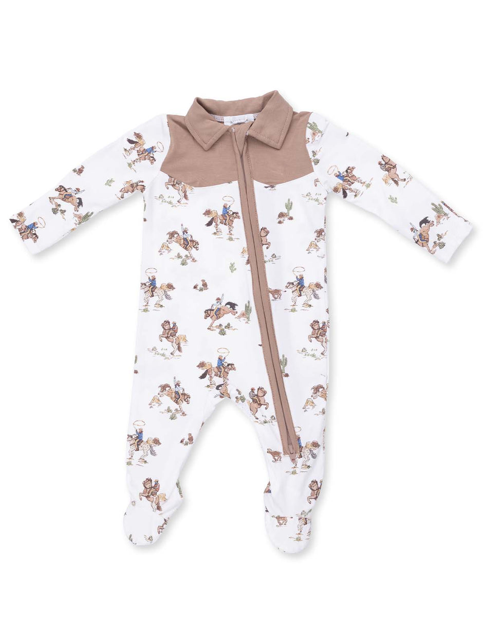 White baby onesie with a brown collar featuring playful horse-themed illustrations.