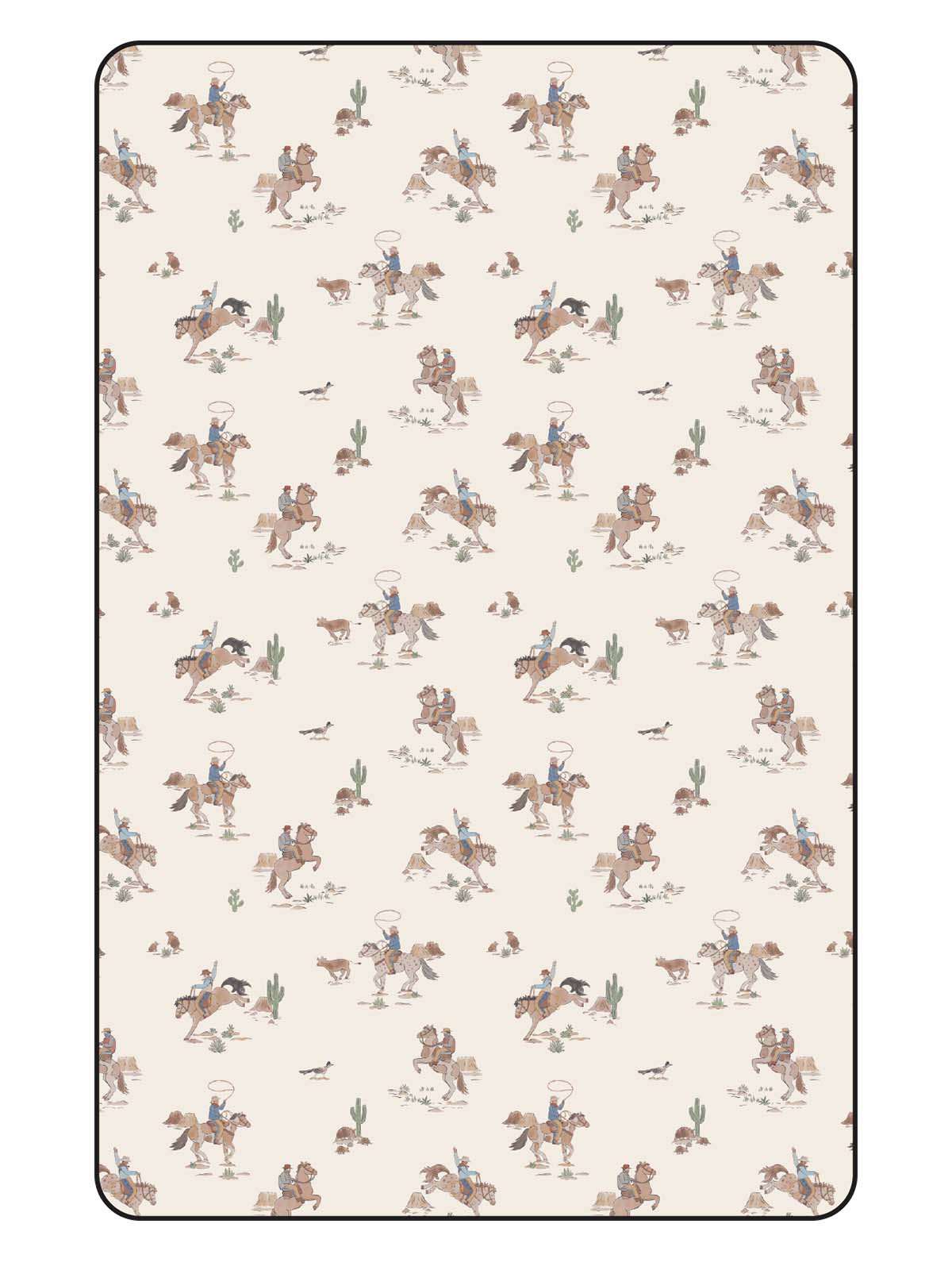 Cowboys on horseback in a desert scene with cacti and animals in a repeating pattern on a light background.