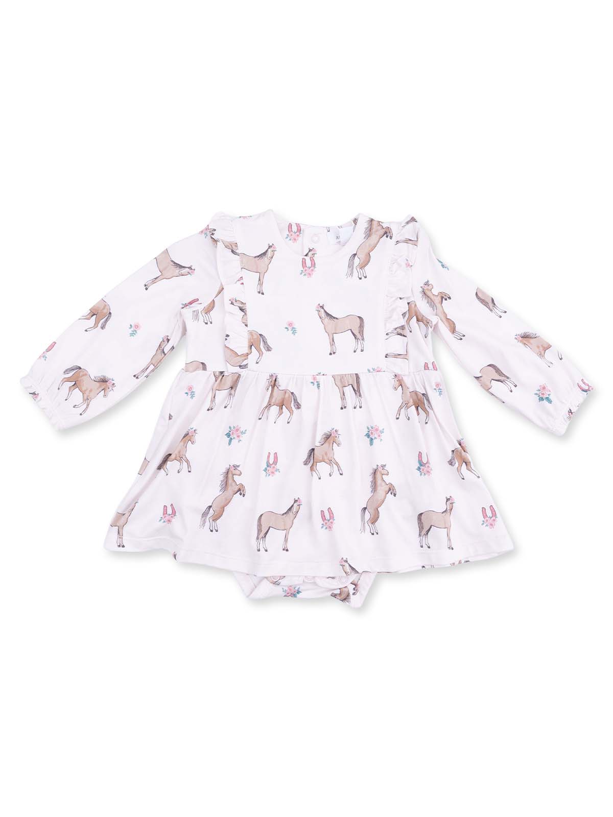 White dress with long sleeves featuring a whimsical horse print and floral accents for toddlers.