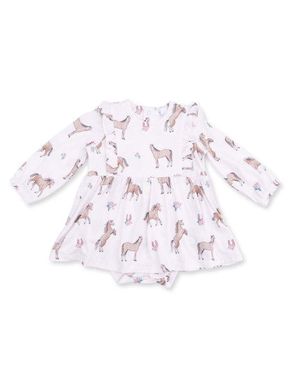 White dress with long sleeves featuring a whimsical horse print and floral accents for toddlers.