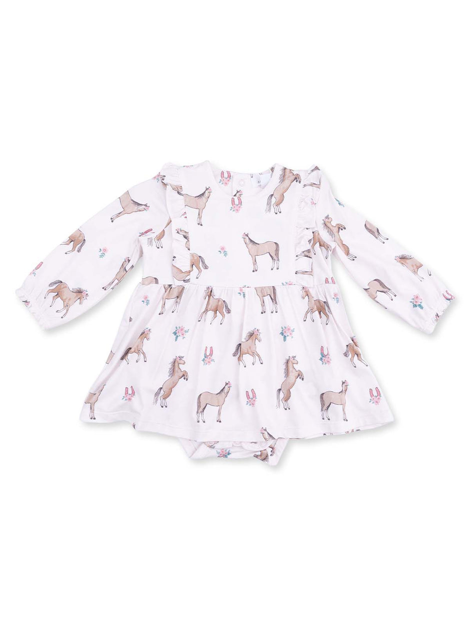 White dress with long sleeves featuring a whimsical horse print and floral accents for toddlers.