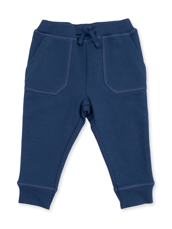 Navy blue sweatpants with an elastic waistband and two side pockets.