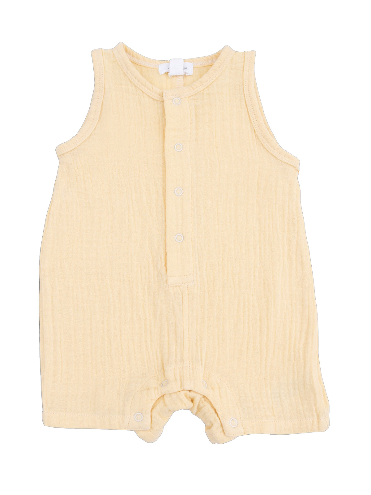 Yellow sleeveless baby romper with button closure and soft textured fabric. Ideal for warm weather.