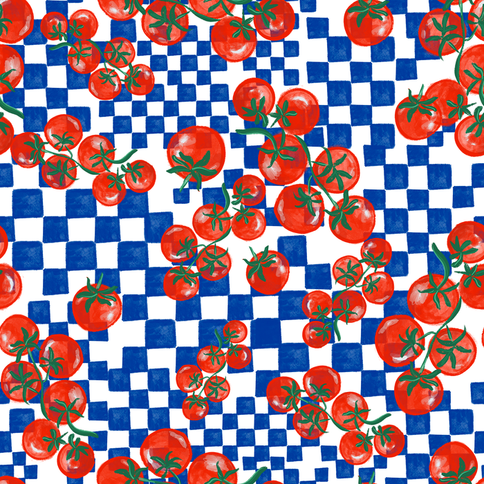 Red tomatoes scattered over a blue and white checkered background.